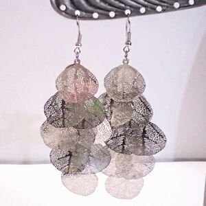 Silver Tone Laser Cut Filigree Aspen Leaf Chandelier Drop Earrings NWT